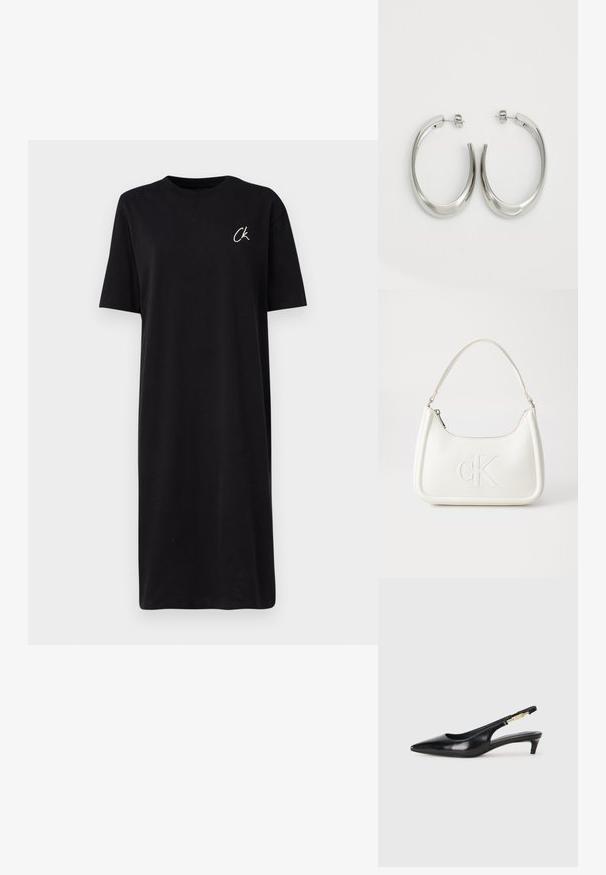 Černé tričkové šaty vyrobené z bavlny, s kulatým výstřihem a krátkými rukávy. Malé bílé logo "CK" na levé straně hrudi.; Černé kožené boty na podpatku s otevřenou patou a špičatou špičkou, s tenkým podpatkem a zlatým akcentem na nastavitelném pásku. Hladký povrch.; Bílá kožená kabelka s křivkovým tvarem, na přední straně s vyraženým logem "CK" a jediným ramenním popruhem. Zipový uzávěr na vrchu.; Stříbrné kruhové náušnice s hladkým, zakřiveným designem. Vyznačují se lesklým kovovým povrchem a zapínáním na patent. Žádné viditelné vzory nebo akcenty.