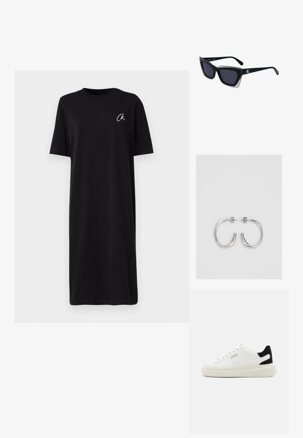 Fekete pamut rövidujjú pólóruha kerek nyakkivágással. Kis fehér "CK" logó a bal mellkasnál.; Fehér bőr sportcipők vastag fehér talppal, fekete velúr sarokpikkelyel és dombornyomott logóval az oldalon. Fűzős kialakítás, hat fűzőlyukkal.; Fekete, nagyméretű napszemüveg geometrikus formával, sötét lencsékkel és kontrasztos szürke részlettel a kereten. Logó a szárán.; Ezüst karika fülbevalók sima, fényes felülettel, ívelt formával és postazáras zárral. Minimalista, modern kivitel.