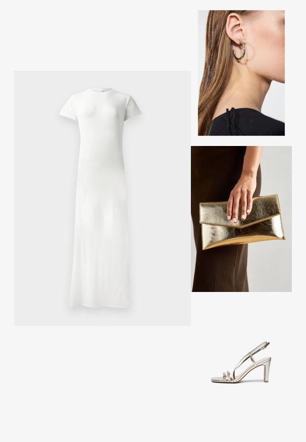 Lang, tettsittende, hvit kjole med korte ermer, rund hals, glatt tekstur og gulvlengde design. Ingen synlige mønstre eller detaljer.; Metallisk sølv høye hæler sandal med åpen tå, med tre tynne stropper over foten og en ankelstropp med spenne.; Gull metallisk clutch-veske med en glatt tekstur, som har en trekantet klaffelukking. Hånden som holder den har pent manikyrte negler.; Sølv ringøredob med en polert finish, med små gull detaljer og en rund form, båret på øreflippen.