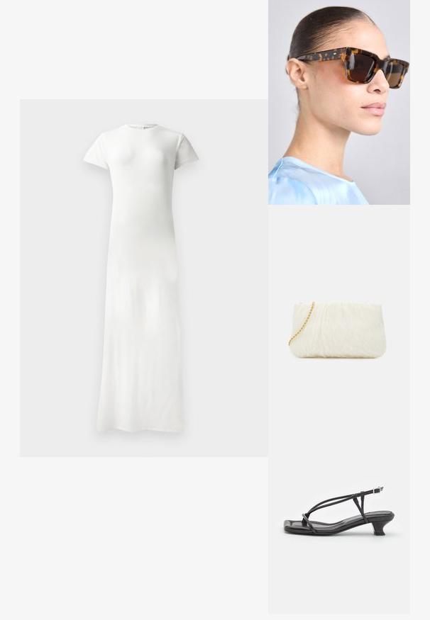 Long, fitted, white dress with short sleeves, round neckline, smooth texture, and a floor-length design. No visible patterns or accents.; Black leather sandal with thin straps, low block heel, and square toe. Features a buckle closure and smooth texture.; Tortoiseshell sunglasses with a chunky, rectangular frame. Dark lenses and gold-tone accents on the temples. Smooth, glossy finish.; White textured clutch bag with a gathered design, featuring a gold chain strap. Smooth finish with subtle waves and rounded edges.; Silver pearl earrings with a curved, bean shape. Smooth, shiny surface and secured with a post and back closure.