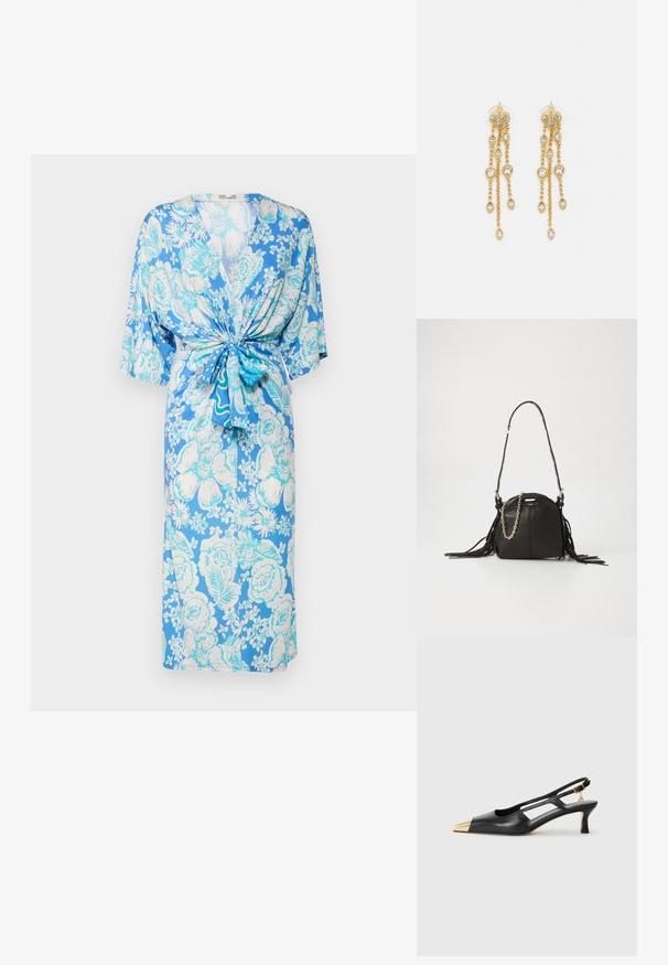 Diane von Furstenberg LIZA DRESS - Rochie din jerseu - blue; Pantofii slingback din piele neagră, cu vârful ascuțit și vârf metalic auriu. Prezintă un design cu decupaje și un toc subțire cu curea ajustabilă.; Geantă de piele neagră cu o formă rotundă, având accente din franjuri, o curea lungă pentru umăr și detalii din lanț auriu.; Cercei aurii cu multiple lanțuri suspendate, având accente din rhinestone ovale clare și capete decorative cu tighel.; Cercei aurii cu multiple lanțuri suspendate, având accente din rhinestone ovale clare și capete decorative cu tighel.