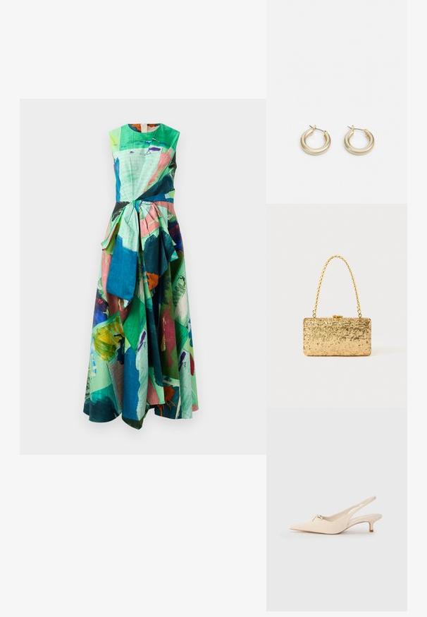Barvita brezrokavna obleka z mešanico zelenih, roza in modrih abstraktnih vzorcev, s trakom v pasu in tekočim materialom.; Slingback čevlji s koničastim prstom v odtenku off-white iz usnja, z majhno mašno podrobnostjo in nizko mačko peto. Gladka tekstura, minimalističen dizajn.; Zlata torbica s pomičnim šalom v pravokotni obliki, z zasukano verižico in kovinskim zapiranjem, ki odseva svetlobo z teksturirano površino.; Lauren Ralph Lauren BASIC SMALL HOOP - Uhani - gold-coloured