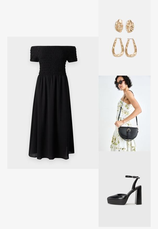 Vestido preto off-the-shoulder com corpete franzido, mangas curtas e saia midi fluida. Feito de tecido leve e texturizado.; Saltos altos pretos com bico fino e atilho ajustável no tornozelo. Confeccionados em couro suave, apresentam um salto bloco robusto.; Bolsa de couro preta com forma curva, alça destacável e detalhes em dourado. A bolsa possui uma aba com detalhe de fivela.; Brincos em tom de ouro com formas onduladas e texturizadas. Inclui studs escultóricos com presilha e um design de argola aberta com um acabamento martelado.