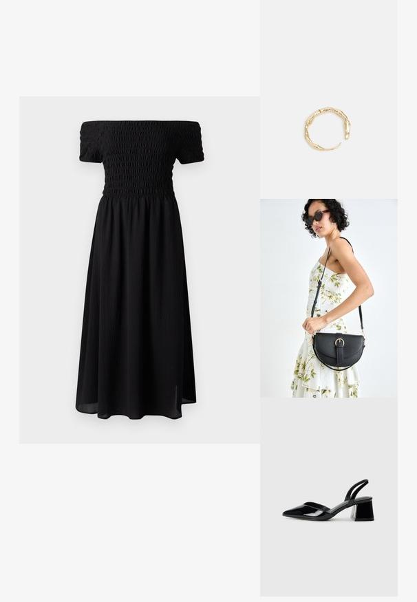 Crna haljina s otkrivenim ramenima, nabrana korzet, kratki rukavi i lepršava suknja do sredine lista. Izrađena od lagane, teksturirane tkanine.; Crne lakirane kožne sandale s otvorenom petom i špicastim vrhom, s geometrijskom blok petom. Imaju elegantan, minimalistički dizajn i glatku teksturu.; Crna kožna torba s lukovitim oblikom, odvojivim remenom i zlatnim detaljima. Torba ima preklop s kopčom.; Prsten u zlatnoj nijansi s organskim, uvijenim dizajnom, glatkom teksturom i suženim krajevima, koji stvara moderan, skulpturalni izgled.