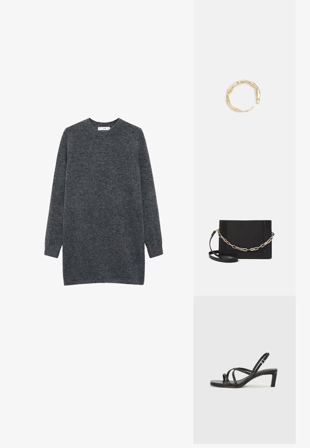 Dunkelgrauer Pullover, langärmlig, runder Ausschnitt, aus einem weichen Wollmix gefertigt, mit einem leicht oversized, geraden Schnitt ohne sichtbare Verzierungen.; Schwarze Sandale mit Riemchen, quadratischer Zehenform und niedrigem Blockabsatz. Verfügt über mehrere dünne Riemen und einen verstellbaren Knöchelriemen. Hergestellt aus glattem Leder.; Schwarze Leder-Crossbody-Tasche mit glatter Textur, rechteckiger Form und metallic-kettendetail auf der Vorderseite. Verstellbarer Gurt inklusive.; Goldfarbener Ring mit einem organischen, gedrehten Design, glatter Oberfläche und sich verjüngenden Enden, was ein modernes, skulpturales Erscheinungsbild erzeugt.
