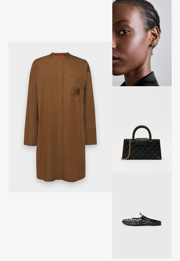 Chemise à manches longues marron en tissu lisse, avec un col montant, une poche poitrine et un logo brodé en brun foncé.; Tory Burch MELLOW MARY JANE - Mules - perfect black/gold; Sac à main noir en cuir texturé, avec un motif en diamant, une sangle en chaîne dorée, et une poignée supérieure avec un rabat à fermeture logotypée.; Les boucles d'oreilles en fleur dorée présentent un centre noir texturé et des détails délicats. La peau claire et les cheveux tressés du modèle sont visibles de profil.