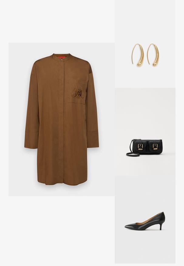 Langärmliges braunes Hemd aus glattem Stoff, mit einem Stehkragen, einer Brusttasche und einem gestickten Logo in Dunkelbraun.; Schwarzer Lederpumps mit spitzem Zehenbereich, niedrigem Absatz und glatter Textur. Verfügt über eine leichte Öffnung an der Vorderseite und minimale Beschläge an der Rückseite.; Schwarze Leder-Umhängetasche mit zwei vorderen Taschen, goldenen Schnallen, Reißverschluss und einem schmalen Tragegurt. Texturierte Oberfläche und kompakte rechteckige Form.; Goldfarbene Metall-Hoops mit einer geschwungenen, länglichen Form. Sie verfügen über eine glatte, glänzende Oberfläche und eine abgerundete Spitze für zusätzliche Details.