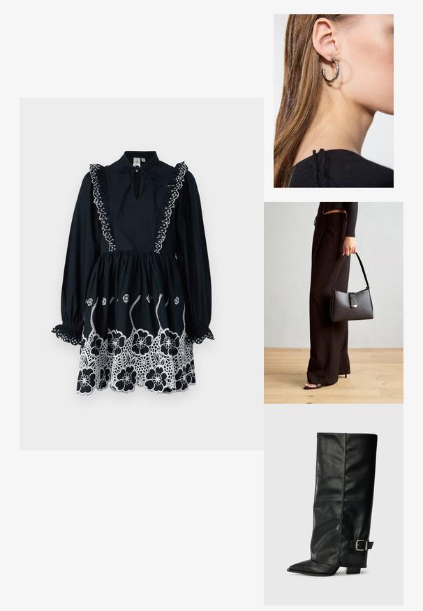 Črna obleka z dolgimi rokavi, z nabranim ovratnikom, sprednjim izrezom v obliki ključavnice in belimi cvetličnimi vezeninami ob robu in na ramenih.; Črne usnjene gležnjarje do gležnjev z ostrim nosom, gladko teksturo in srebrnim sponko akcentom na strani. Debel kvadratni peti.; Črna torbica z strukturirano obliko, gladko teksturo in kovinskim zaponko. Ujemajo se z širokimi črnimi hlačami in odprtimi sandali na lesenem tleh.; Srebrna obročasta uhana s polirano površino, ki vključuje majhne zlate poudarke in okroglo obliko, nošena na ušesnem lobu.