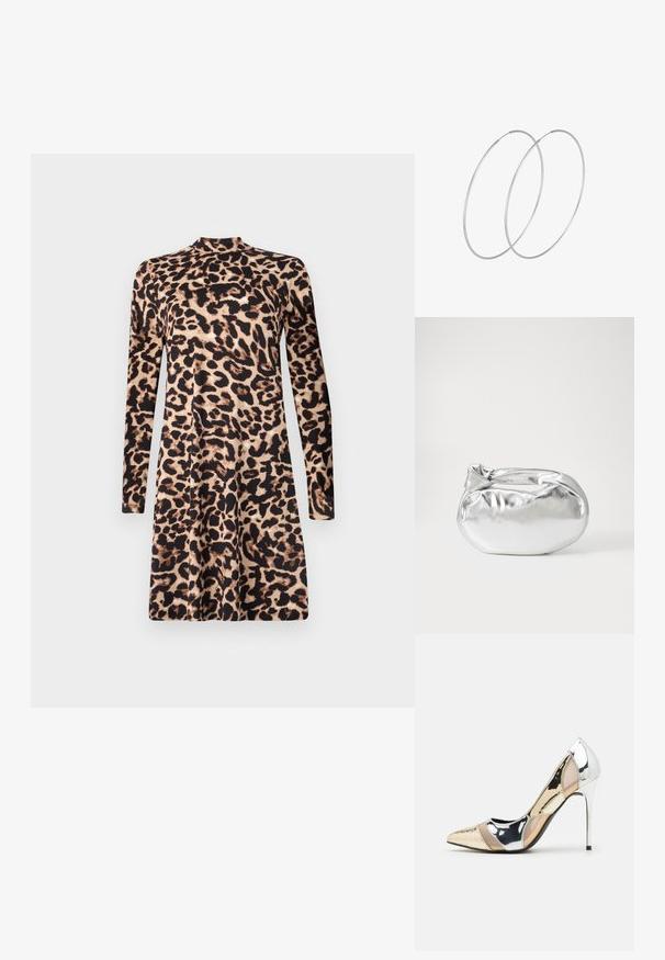 Leoparda raksta kleita ar garām piedurknēm, augsto apkakli un izpletu siluetu. Audumam ir gluda tekstūra, ar kontrastējošām tumšām un gaišām krāsām.; Apspīlēta augstpapēžu kurpe ar zeltītu, sudrabi un neitrālu krāsu kombināciju. Spīguļojoša virsma ar izgriezuma dizainu, aprīkota ar stiletto papēdi.; Sudraba metāliska poga somiņa ar mīkstu, noapaļotu formu un mezgla augšējo aizdari. Izgatavota no gludas mākslīgās ādas materiāla.; Sudraba gredzenveida auskari ar minimālistisku dizainu. Cirkulāra forma, gluda tekstūra un plāns profils. Vieglu svaru ar spīdīgu apdari.