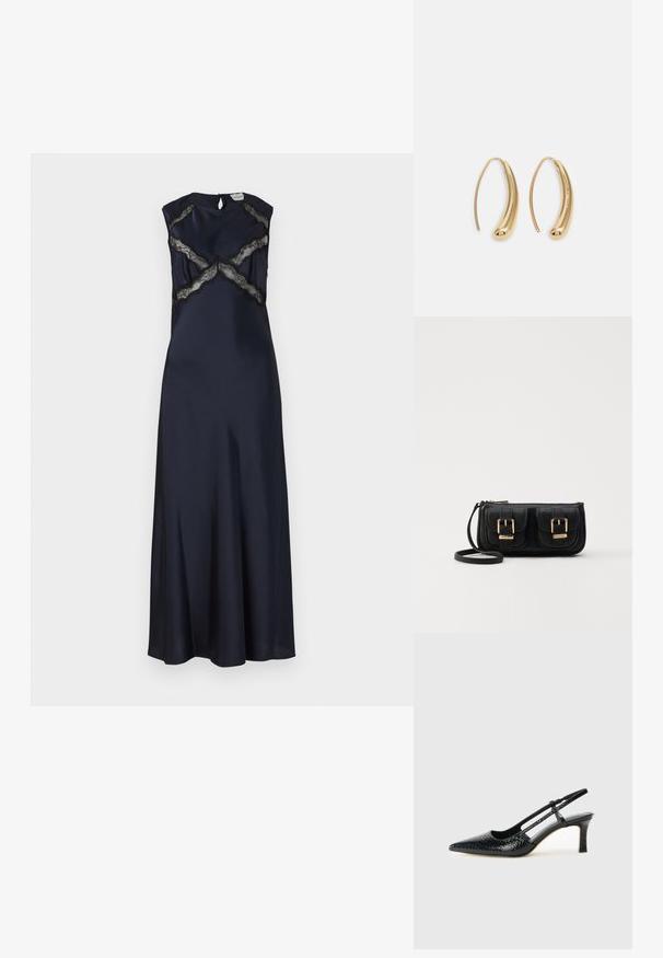 Rochie lungă satinată de culoare bleumarin, cu decolteu rotund, mâneci scurte și accente din dantelă neagră care formează modele în cruce pe bust. Detaliu cu clapetă la spate.; Pantofi cu toc slingback negri din patent, cu vârf ascuțit, cu imprimeu de șarpe texturat, curea ajustabilă și toc scurt texturat.; Geantă neagră din piele, tip crossbody, cu două buzunare frontale, catarame aurii, închidere cu fermoar și o curea subțire. Suprafață texturată și formă rectangulară compactă.; Cercei din metal auriu, cu un design curbat și alungit. Au o suprafață netedă și strălucitoare, cu un vârf rotunjit pentru un detaliu suplimentar.
