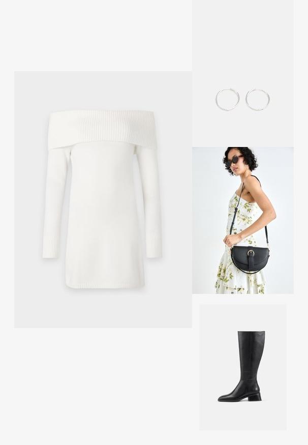 Pulover alb cu umerii goi, cu guler ondulat și mâneci lungi. Textură moale, design până la genunchi și mansete ajustate ondulate.; Cizmă din piele neagră până la genunchi, cu vârf rotund și toc mic, pătrat. Are o textură netedă și detalii minime de cusătură.; Geantă din piele neagră, cu o formă curbată, curea detașabilă și accesorii aurii. Geanta are un capac cu un detaliu tip cataramă.; Cercei din argint cu un design elegant și rotund, având o suprafață netedă și fără embellismente vizibile. Diametrul nu este specificat.