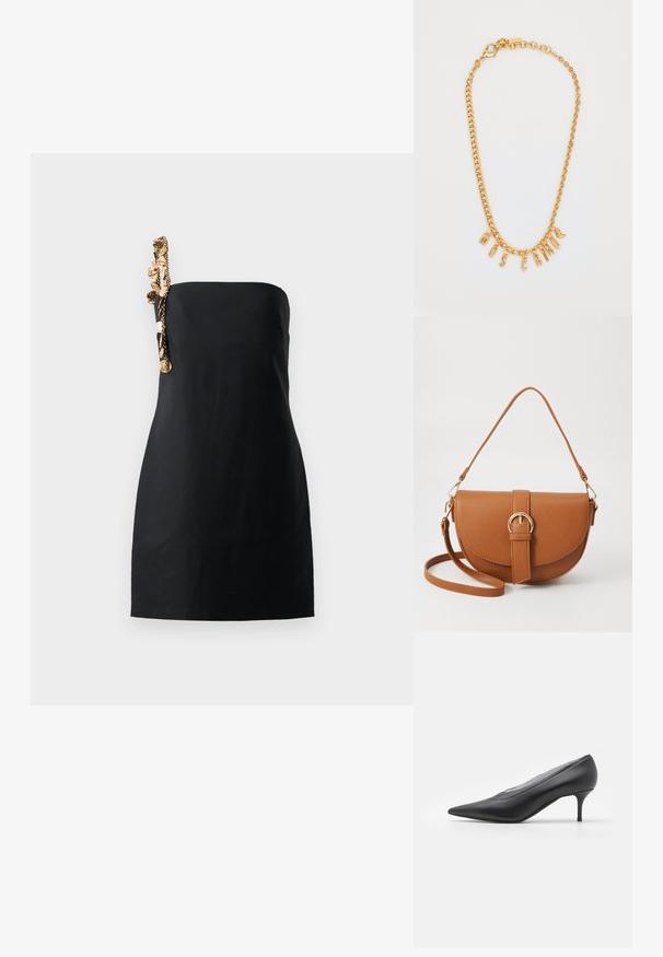 Černé mini šaty s strukturovaným rovný střih a dekorativním zlatým řetízkem na jednom rameni. Hladká textura látky.; Černá lodička s špičatou špičkou vyrobená z hladké kůže. Obsahuje štíhlý podpatek a minimalistický design bez viditelných ozdob.; Hnědá kožená křížová taška s zakřiveným tvarem, zlatými detaily a akcentem s přezkou. Obsahuje odnímatelný popruh na rameno.; Zlatý řetízek s přívěskem ve tvaru písmen spellující "MOSCATO." Hladký povrch s karabinkou a články různých velikostí.