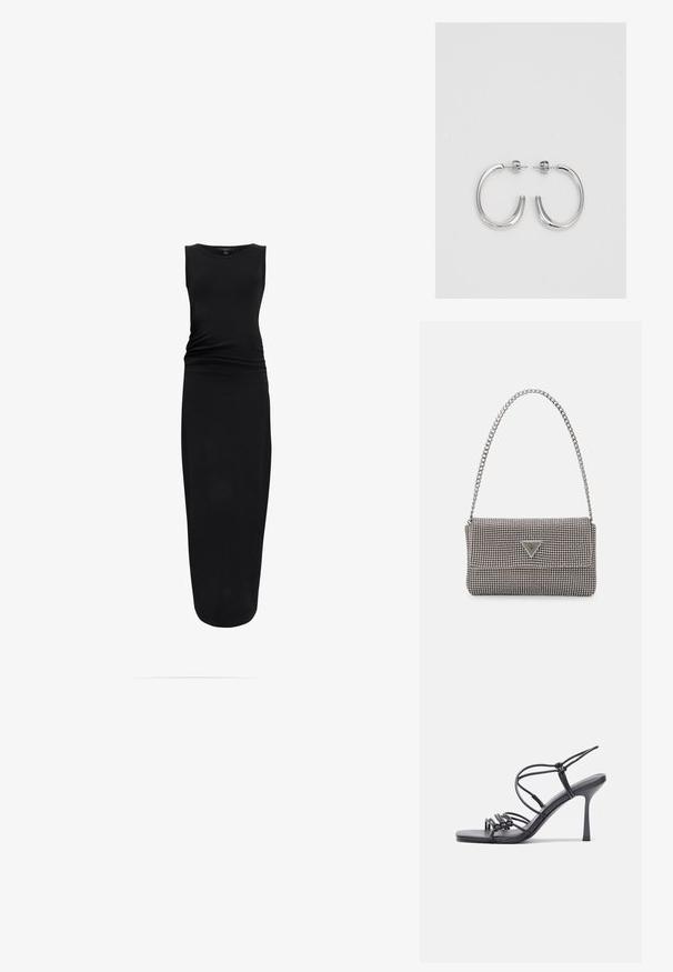 AllSaints KATARINA - Φόρεμα από ζέρσεϊ - black; Μαύρες ψηλοτάκουνες σανδάλες με λεπτές λωρίδες και σχέδιο με κόμπους, λείο τετράγωνο μπροστινό μέρος και κομψό τακούνι στιλέτο.; Ανοικτό γκρι μεταλλική τσάντα χειρός με αλυσίδα, διακοσμημένη με μικρούς κυκλικούς μεταλλικούς στύλους και ένα τριγωνικό λογότυπο της μάρκας.; Ασημένια σκουλαρίκια κρίκοι με λεία, λαμπερή φινίρισμα. Στρογγυλό σχήμα, ελαφρύ σχέδιο, με κλείσιμο τύπου πίσω.