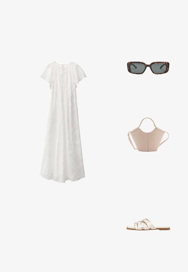 Abito maxi bianco con maniche corte a sbuffo, scollo rotondo e dettagli con fiocco sul davanti. Presenta un delicato motivo testurizzato in tutta la sua lunghezza.; Infradito con suola in gomma color talpa, progettate con tre cinturini in pelle bianca sovrapposti e un piccolo dettaglio a fiocco al centro.; Occhiali da sole tartaruga con lenti rettangolari, montatura spessa e lenti scure. Texture liscia e design minimalista.; Borsa in pelle beige con una forma unica, caratterizzata da due manici corti e una lunga tracolla regolabile. Texture liscia con hardware minimale.