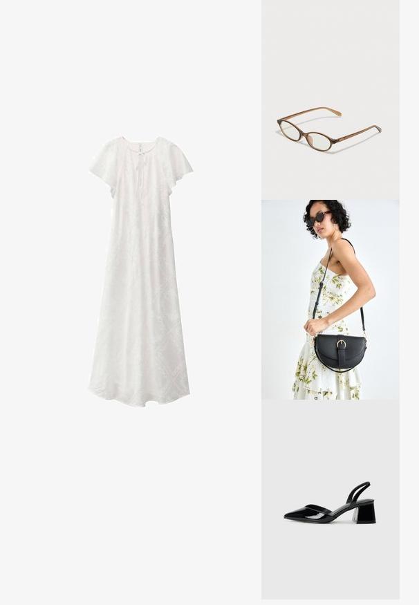 Biała sukienka maxi z krótkimi falbaniastymi rękawami, okrągłym dekoltem i wiązaniem z przodu. Posiada subtelny, teksturowany wzór. ; Czarne lakierowane półbuty na obcasie z wydłużonym noskiem i geometrycznym słupkiem. Charakteryzują się eleganckim, minimalistycznym designem oraz gładką fakturą.; Brązowe okulary w motyle z owalnymi soczewkami, cienkimi ramionami i przezroczystymi akcentami. Posiadają subtelne logo na zauszniku. Smukły, lekki design.; Czarna skórzana torebka o zakrzywionym kształcie, z odpinanym paskiem i złotymi akcentami. Torebka posiada klapę z zapięciem w kształcie klamry.