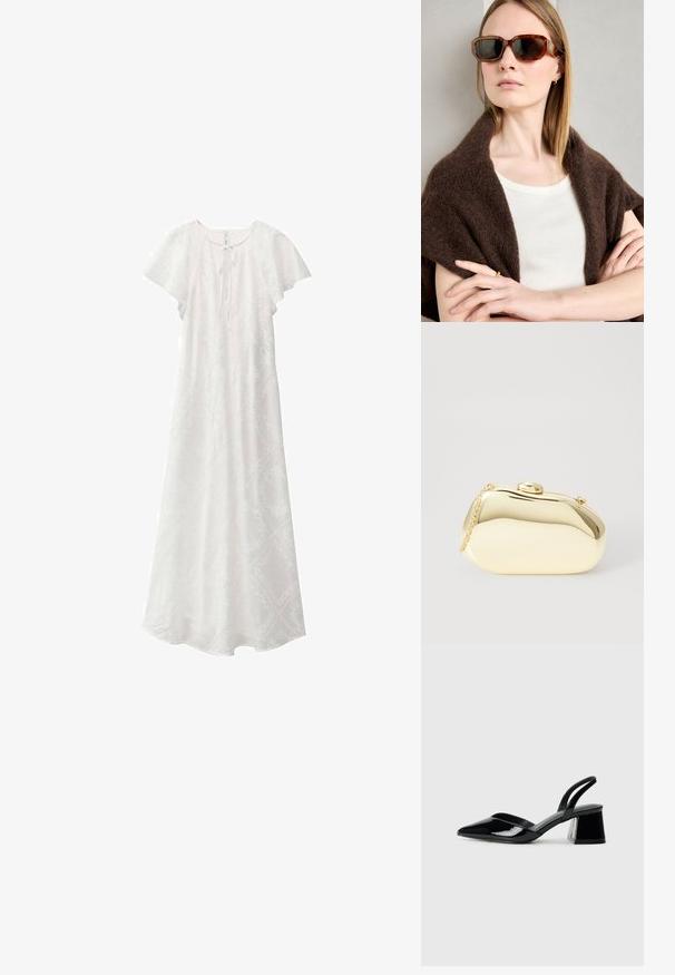 Rochie maxi albă cu mâneci scurte ca de fluture, decolteu rotund și detaliu cu fundă în față. Prezintă un model texturat subtil pe întreaga suprafață.; Pantofi cu toc slingback din piele lacuită neagră, cu vârf ascuțit și toc geometric. Prezintă un design elegant, minimalist și o textură netedă.; Ochelari de soare maro cu model țestoasă, cu rame unghiulare, lentile închise la culoare și accente din metal. Purtați cu un top crem și o șal închis la culoare.; Clutch metalizat de culoare aurie, cu o formă netedă și rotundă, având un închizător tip buton în partea de sus și o curea mică pentru purtare.