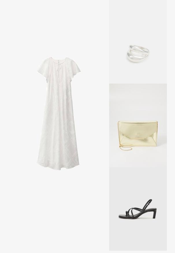 Bijela maksi haljina s kratkim lepršavim rukavima, okruglim izrezom i vezanjem sprijeda. Ima suptilan teksturirani uzorak kroz cijelu haljinu.; Crne sandale s trakama, kvadratnim prstom i niskom blok petom. Ima više tankih trakica i podesivu trakicu oko gležnja. Izrađene su od glatke kože.; Zlatna metalna torbica s preklopom, glatke teksture i odvojivom lancem za nošenje. Ima pravokutni zlatni dodatak sprijeda.; Srebrna dvostruka prsten s glatkom, poliranom površinom. Karakterizira ga fluidan, zakrivljen dizajn s preklapajućim sekcijama za moderan izgled.