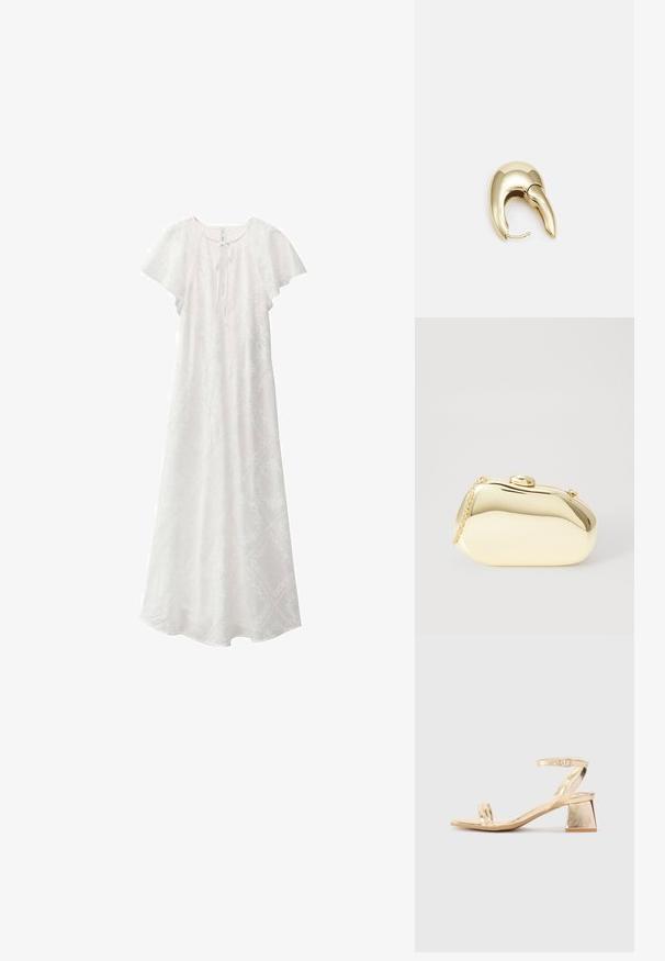 Weißes Maxikleid mit kurzen Schmetterlingsärmeln, einem runden Ausschnitt und einer Bindearbeit an der Vorderseite. Verfügt über ein dezentes strukturiertes Muster.; Goldene metallische Sandale mit Absatz in Blockform, zwei Riemen über dem Fuß und einem verstellbaren Knöchelriemen. Glatte Textur.; Metallisch goldene Clutch mit einer glatten, abgerundeten Form, ausgestattet mit einem oberen Druckknopfverschluss und einem kleinen Kettenriemen zum Tragen.; Ohrringe aus goldfarbenem Metall mit einem schlanken, geschwungenen Design. Sie verfügen über eine markante, spitze Form, eine polierte Oberfläche und einen Scharnierverschluss.