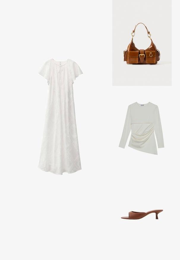Bílá maxi šaty s krátkými volánkovými rukávy, kulatým výstřihem a mašlí na přední straně. Obsahují jemný texturovaný vzor po celém povrchu.; Krémový top s dlouhými rukávy a kulatým výstřihem, který má vrstvený design a na spodní části nařasené detaily. Měkká tkanina s hladkým povrchem.; Hnědé sandály na podpatku s otevřenou špičkou a hladkým, matným povrchem, které mají zakřivený design a průhledný, zúžený podpatek.; Hnědá kožená kabelka zakřiveného tvaru se zlatě tónovanými detaily, dvěma předními kapsami a širokým popruhem. Hladká textura s elegantním povrchem.
