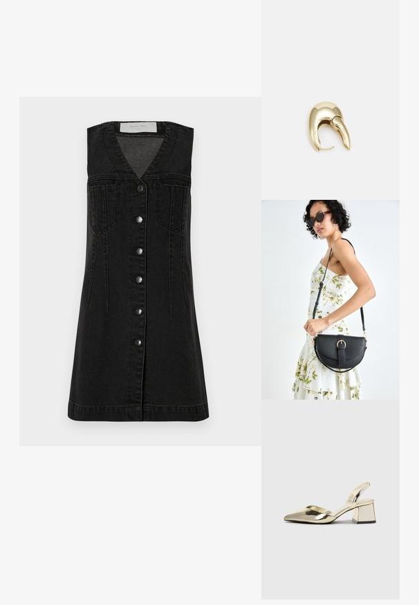 Vestido de denim preto com decote em V, sem mangas, botões frontais e dois bolsos no peito. Apresenta uma silhueta ajustada e barra reta.; Sapatos de salto alto metálicos dourados, com biqueira em ponta e salto grosso. Textura suave, design minimalista e uma tira estreita.; Bolsa de couro preta com forma curva, alça destacável e detalhes em dourado. A bolsa possui uma aba com detalhe de fivela.; Brinco em metal dourado com um design elegante e curvo. Apresenta uma forma pontiaguda distinta, superfície polida e fecho por dobradiça.