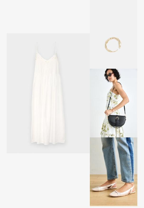 Balta medvilninė suknelė su plonais reguliuojamais petnešėlėmis, išsiuvinėtu ornamentu ant liemens ir plačia sijonu.; Šviesiai rožiniai slingback baleto bateliai su smailiu pirštu, pagaminti iš lygios odai panašios medžiagos. Yra išpjovimų detalės šonuose ir plokščias kulnas.; Juodas odinis krepšys su išlenkta forma, nuimamu dirželiu ir auksiniais detalėmis. Krepšys turi kilpą su sagtimi.; Auksinės spalvos žiedas, turintis organišką, sukimosi dizainą su lygiu paviršiumi ir siaurėjančiais galais, sukuriantis modernią skulptūrinę išvaizdą.