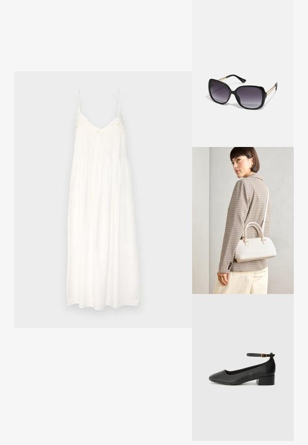 Bijela pamučna haljina na kratke rukave s tankim podesivim trakama, izvezenim detaljima na prednjem dijelu i raširenom suknjom.; Crne kožne pumpe s oštrim vrhom i niskom blok petom. Sadrže remen oko gležnja s zlatnim kopčanjem. Glatka tekstura.; Crne prevelike sunčane naočale s gradijentnim lećama, debelim okvirom i zlatnim lancem kao detaljem na krakovima.; Bijela strukturna torba s kratkim ručkama i remenom za rame, s zlatnim metalnim detaljima i teksturiranim materijalom, prikazana na sivoj pozadini.