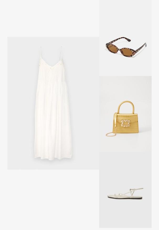 Balta medvilninė suknelė su plonais reguliuojamais petnešėlėmis, išsiuvinėtu ornamentu ant liemens ir plačia sijonu.; Bežiniai plokšti sandalai su keliais lieknais dirželiais ir reguliuojamu užsegimu. Padas plokščias, su lengvu tamsiu kontrastu krašte.; Kaktašiai akiniai nuo saulės su ovaliais objektyvais, rudi, ploni laikikliai su tekstūruotu raštu, lengvas plastikinis rėmas.; Geltonas dirbtinės krokodilo odos rankinukas su standžiu dizainu, viršutine rankena, nuimamu grandininiu dirželiu ir dekoratyviniu krištolo papuošimu ant užsegimo.