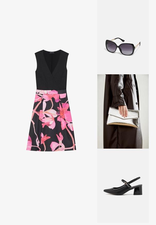 Rob e sans manches noire avec un décolleté en V profond et une jupe imprimée de fleurs roses. Tissu lisse, corsage ajusté et silhouette évasée plissée.; Escarpins slingback en cuir verni noir avec un embout pointu, un design à découpes arrondies et un talon carré. Présente un accent de boucle en ton doré.; Lunettes de soleil noires surdimensionnées avec des verres dégradés, monture épaisse et détails en chaîne dorée sur les branches.; Pochette métallique argentée avec un design d'enveloppe angulaire, texture lisse et couleur intérieure contrastante, tenue dans une main portant un manteau noir.