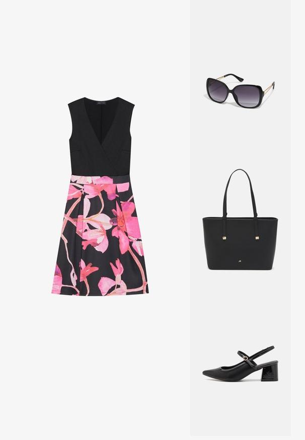 Rob e sans manches noire avec un décolleté en V profond et une jupe imprimée de fleurs roses. Tissu lisse, corsage ajusté et silhouette évasée plissée.; Escarpins slingback en cuir verni noir avec un embout pointu, un design à découpes arrondies et un talon carré. Présente un accent de boucle en ton doré.; Lunettes de soleil noires surdimensionnées avec des verres dégradés, monture épaisse et détails en chaîne dorée sur les branches.; Sac fourre-tout noir en matériau synthétique, avec un design rectangulaire simple, des accents carrés dorés et des doubles poignées.