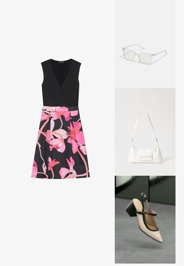 Rob e sans manches noire avec un décolleté en V profond et une jupe imprimée de fleurs roses. Tissu lisse, corsage ajusté et silhouette évasée plissée.; Escarpin beige à bout pointu et bride arrière, avec des finitions noires, une boucle dorée et un talon bloc épais, posé sur un sol gris avec un fond vert foncé.; Lunettes carrées en plastique transparent avec des verres translucides, dotées d'accents dorés sur les branches pour plus de détails.; Sac à main synthétique blanc en forme triangulaire, avec un rabat avant plat et un détail en nœud, une bandoulière ajustable, une texture lisse et un design minimaliste.