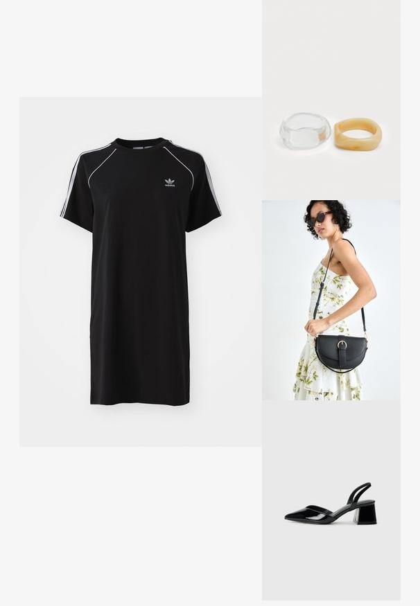 Vestido preto de manga curta feito de tecido macio, com riscas brancas laterais, decote redondo e um pequeno logotipo no peito.; Sandy em verniz preto com salto slingback, ponta afilada e salto geométrico. Apresenta um design elegante e minimalista com textura suave.; Bolsa de couro preta com forma curva, alça destacável e detalhes em dourado. A bolsa possui uma aba com detalhe de fivela.; Anéis de resina clara e âmbar, um liso e transparente, o outro com um acabamento texturizado em âmbar. Ambos apresentam designs arredondados e robustos.