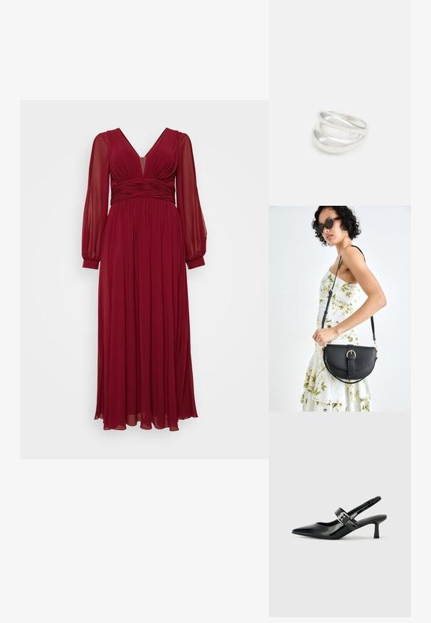Burgundijska dolga obleka z dolgimi prosojnimi rokavi, V-izrezom in nabrano pasom. Mehka, tekoča tkanina ustvarja gladko silhueto.; Črne patent usnjene slingback pete s koničastim nosom in majhnim blok peto, ki vključujejo srebrno zaponko na traku.; Črna usnjena torbica s ukrivljeno obliko, z odstranljivo naramnico in zlatimi dodatki. Torbica ima pokrov s podrobnostmi v obliki zaponke.; Srebrn dvojni prstan z gladko, polirano površino. Ima tekoč, ukrivljen dizajn z prekrivajočimi se sekcijami za sodoben videz.