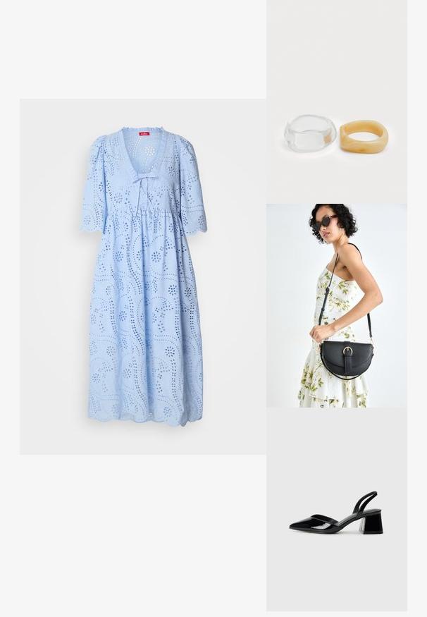 Lichtblauw dress met een losse pasvorm, korte pofmouwen, V-hals, perforatiepatroon en golvende zoom, gemaakt van een gestructureerde katoen stof.; Zwarte gepatineerde leren slingback hakken met een spitse neus en een geometrische blokhak. Kenmerkt zich door een slank, minimalistisch ontwerp en een gladde textuur.; Zwarte leren handtas met een gebogen vorm, afneembare schouderband en gouden hardware. De tas heeft een klep met een gespsluiting.; Heldere en amber harsringen, de ene glad en transparant, de andere met een gestructureerde, amberkleurige afwerking. Beide hebben afgeronde, chunky ontwerpen.