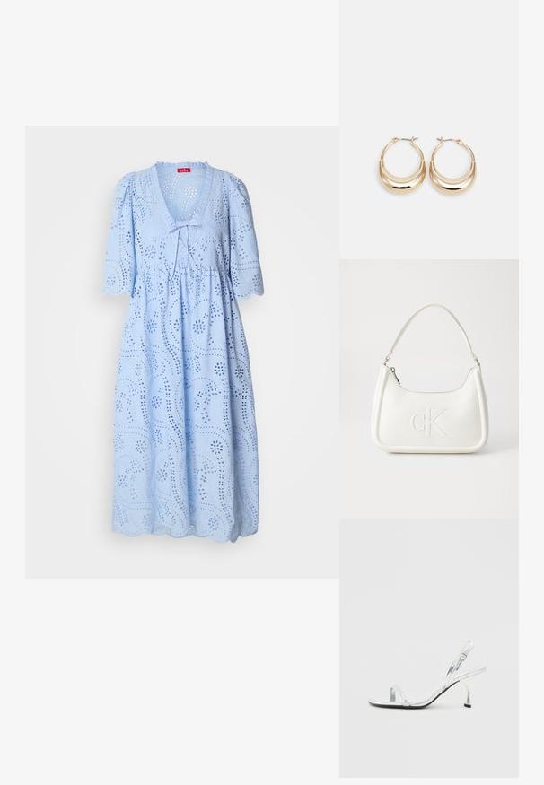 Vestido azul claro con corte holgado, mangas cortas abullonadas, escote en V, patrón de ojales y dobladillo en forma de ondas, fabricado con tejido de algodón texturizado.; Sandal de tacón alto de charol plateado con tiras estrechas en la puntera, hebilla ajustable y un tacón delgado.; Bolso de mano de cuero blanco con forma curvada, con un logo "CK" en relieve en la parte delantera y una sola correa para el hombro. Cierre de cremallera en la parte superior.; Pendientes de aro en tono dorado con forma de media luna, superficie pulida y cierre tipo bisagra. La textura suave y el acabado reflectante mejoran la visibilidad.