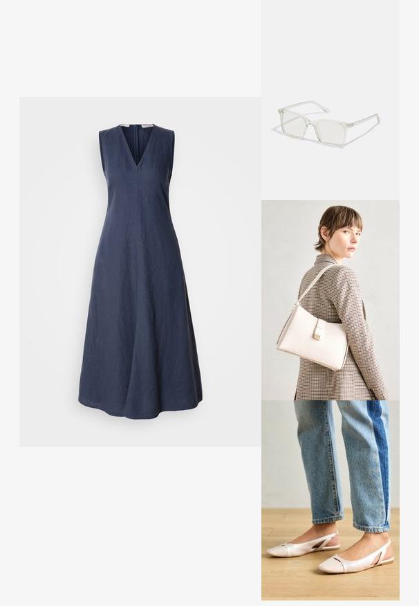 Morska bezrukava haljina od lana s V izrezom i zatvaranjem na zatvarač na leđima. Prošireni silueta ima minimalnu teksturu i čiste linije.; Svijetlo ružičaste slingback balerinke s šiljastim vrhom, izrađene od glatkog materijala nalik koži. Sadrže izrezane detalje sa strane i ravnu petu.; Prozirne plastične naočale kvadratnog okvira s prozirnim lećama, koje sadrže zlatne akcentne detalje na drškama.; Bijela kožna torba s čvrstim dizajnom, s magnetskim kopčanjem i remenom za rame, prikazana na neutralnoj pozadini.