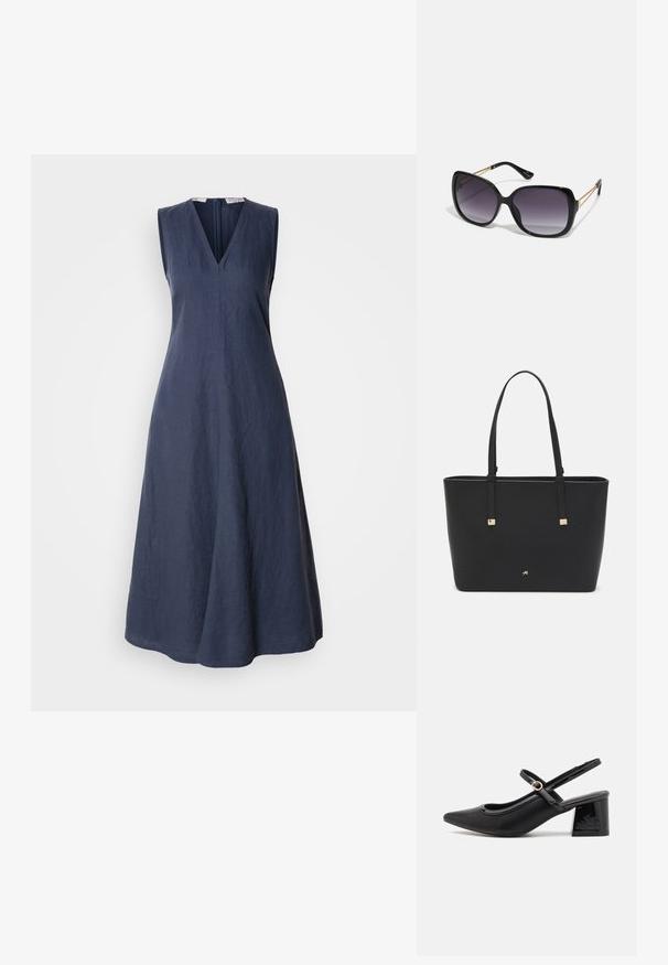 Modra brezrokavna obleka iz lana z V-izrezom in zadrgo na hrbtni strani. Oblikovanje s sproščenim krojem vsebuje minimalno teksturo in čiste črte.; Črne patentne usnjene salonarce s slingback obliko, s koničastim nosom, zaobljenim izrezom in blok peto. Imajo zlato kovinsko zaponko kot dodatno okrasje.; Črne prevelike sončne očala z degradacijskimi lečami, debelimi okvirji in zlatimi verižicami na ročajih.; Črna torba iz sintetičnega materiala, preproste pravokotne oblike, z zlatimi kvadratnimi detajli in dvojnih ročajem.