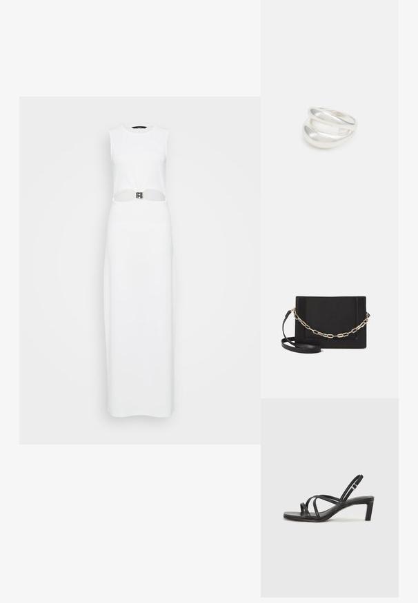 Bela brezrokavna maksi obleka z osrednjim izrezom, okrašena z detajlom iz kovinskega pasu. Gladka tekstura, ravna silhueta.; Črne natikače s trakovi in kvadratnim prstom ter nizkim blokastim peto. Imajo več tankih trakov in nastavljiv trak okoli gležnja. Narejene so iz gladkega usnja.; Črna usnjena torba čez ramo z gladko teksturo, pravokotno obliko in kovinskim verižnim detajlom spredaj. Vključena je nastavljiva naramnica.; Srebrn dvojni prstan z gladko, polirano površino. Ima tekoč, ukrivljen dizajn z prekrivajočimi se sekcijami za sodoben videz.