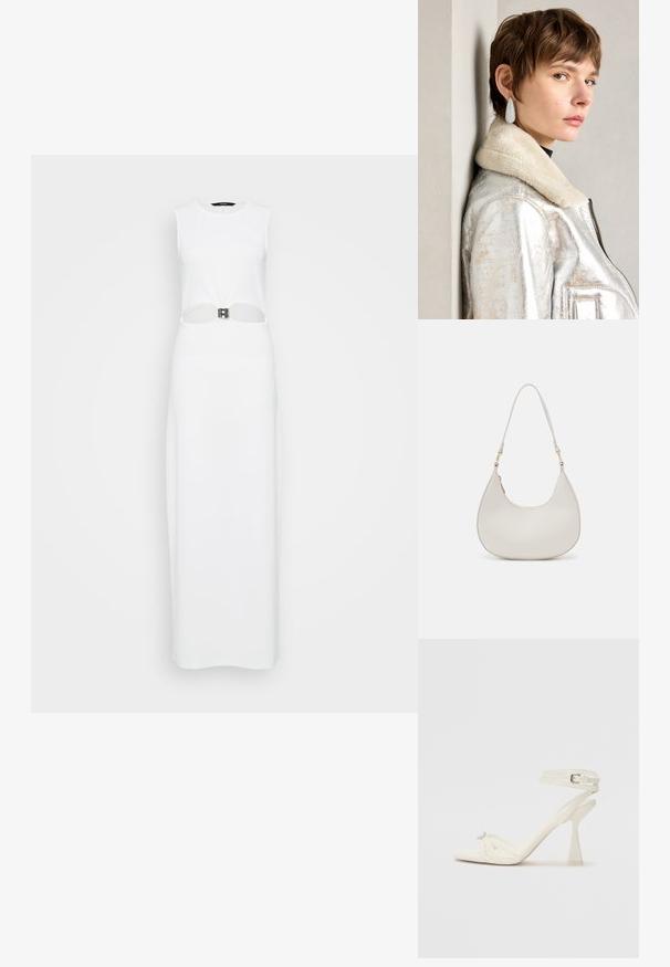 Valkoinen olkaimeton maksimekko, jossa on keskellä leikattu aukko koristeltuna metallisella vyöyksiköllä. Sileä pinta, suora siluetti.; Valkoinen nahkainen strappisaapas, jossa on virtaviivainen muotoilu, läpinäkyvä lohko-osa ja koristeellinen elementti varpaassa.; Kreemivärvi nahast õlakott, millel on kuu kujuline disain, õhuke rihm ja peened õmblused. Minimalistlik disain koos kuldse tooni metallitöötluse aktsentidega.; Hopealaisia metallisia nahkatakkeja, jossa on turkis kaulus, varustettuna vetoketjulla ja teksturoidulla pinnalla. Suuret pisaramuotoiset korvakorut, joissa on kirkkaat jalokivet.