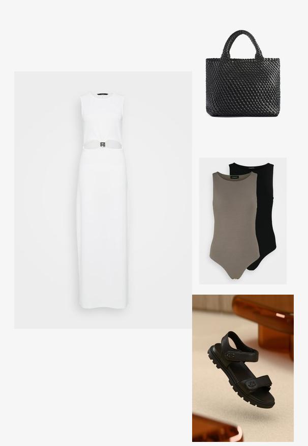 Rochie maxi albă fără mâneci, cu o decupare centrală decorată cu un detaliu din curea metalică. Textură netedă, siluetă dreaptă.; Două body-uri fără mâneci, în verde măsliniu și negru. Confectionate dintr-un material neted, cu decolteu rotund și un design cu picior înalt.; Sandal din piele neagră cu două curele ajustabile, talpă texturată și un design îndrăzneț, robust. Are un accent cu logo pe curea.; Geantă de umăr împletită neagră cu două mânere, având o suprafață texturată și o formă rectangulară. Design simplu și unic, fără hardware vizibil.