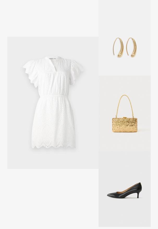 Vestido blanco hecho de tela de broderie anglaise, con mangas abullonadas, escote en V, cintura elástica y dobladillo con forma de ondas.; Zapato de tacón negro de cuero con punta afilada, tacón bajo y textura suave. Presenta una ligera apertura en la parte frontal y un hardware minimalista en la parte trasera.; Clutch dorado de lentejuelas con forma rectangular, que presenta un asa de cadena trenzada y un cierre de metal, reflejando la luz con un acabado texturizado.; Pendientes de aro de metal en tono dorado con una forma curva y alargada. Presentan una superficie lisa y brillante y una punta redondeada para mayor detalle.