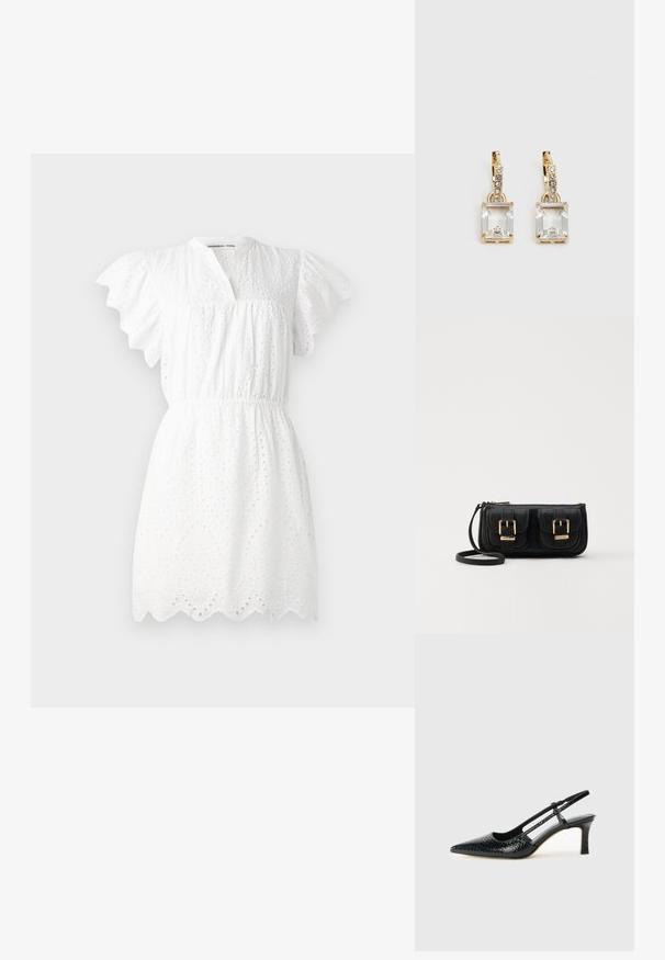 Biele šaty vyrobené z broderie anglaise látky, s nafúknutými rukávmi, v výstrihu do V, elastickým pásom a vlnitým lemom.; Čierne patentové slingback topánky na ihlovom podpätku s špicatou špičkou, s textúrovaným hadím vzorom, nastaviteľným popruhom a krátkym, textúrovaným blokovým podpätkom.; Čierna kožená crossbody taška s dvoma prednými vreckami, zlatými sponami, zipsovým uzatváraním a úzkym popruhom. Štruktúrovaný povrch a kompaktný obdĺžnikový tvar.; Náušnice v zlatej farbe, ktoré majú obdĺžnikový, transparentný kryštál visiaci pod radom malých, guľatých, čírych akcentov. Elegantný, moderný dizajn.