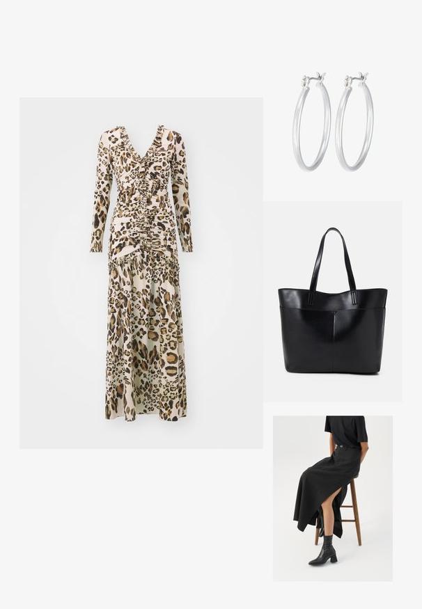 Leopardenmuster Langarmkleid mit V-Ausschnitt, gerafften Details und fließendem Rock. Hergestellt aus glattem Stoff mit einer weichen Textur.; Schwarzer Leinen-Maxi-Rock mit hohem Schlitz, getragen mit einem schwarzen T-Shirt und schwarzen Knöchelstiefeln. Minimalistisches Design mit lockerer Passform.; Schwarze Leder-Shopper-Tasche mit zwei langen Griffen, einer glatten Textur und einer strukturierten Form. Verfügt über eine Vordertasche für zusätzlichen Stauraum.; Silberne Creolen mit einer glatten, polierten Oberfläche. Runder Form und sicherem Klickverschluss. Leichtes Design, geeignet für den täglichen Gebrauch.