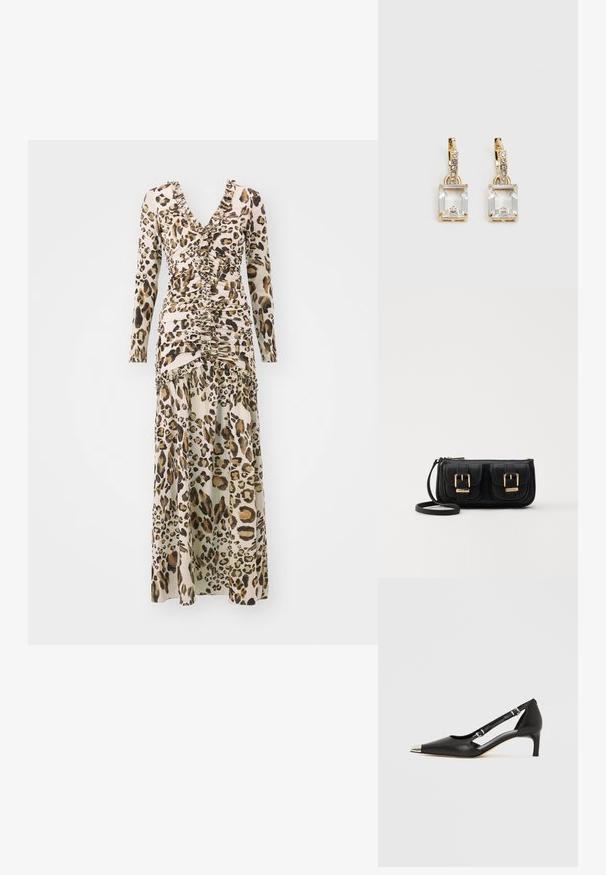 Leopardprint jurk met lange mouwen, een V-hals, geplooide details en een vloeiende rok. Gemaakt van een soepel materiaal met een zachte textuur.; Zwart leren kittenhak met puntige zilveren neus en dubbele gespsluitingen op een witte achtergrond.; Zwarte leren schoudertas met twee vo pockets, gouden gespen, ritsluiting en een smalle band. Tekstuur oppervlak en compacte rechthoekige vorm.; Gouden oorbellen met een rechthoekige, heldere kristal die onder een rij kleine, ronde heldere accenten hangt. Strak, modern ontwerp.