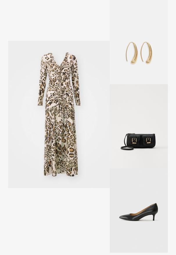 Leopardenmuster Langarmkleid mit V-Ausschnitt, gerafften Details und fließendem Rock. Hergestellt aus glattem Stoff mit einer weichen Textur.; Schwarzer Lederpumps mit spitzem Zehenbereich, niedrigem Absatz und glatter Textur. Verfügt über eine leichte Öffnung an der Vorderseite und minimale Beschläge an der Rückseite.; Schwarze Leder-Umhängetasche mit zwei vorderen Taschen, goldenen Schnallen, Reißverschluss und einem schmalen Tragegurt. Texturierte Oberfläche und kompakte rechteckige Form.; Goldfarbene Metall-Hoops mit einer geschwungenen, länglichen Form. Sie verfügen über eine glatte, glänzende Oberfläche und eine abgerundete Spitze für zusätzliche Details.