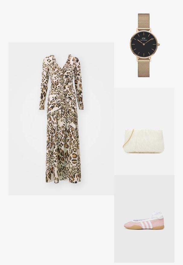 Leparda raksta kleita ar garām piedurknēm un V veida kakla izgriezumu, ar drapējuma detaļām un plūstošu svārku. Izgatavota no gludas auduma ar maigu tekstūru.; adidas Originals TAEKWONDO MEI BALLET - Sporta apavi - clear pink/ftwr white/gum; Balta teksturēta pleca soma ar salocītu dizainu, kas aprīkota ar zelta ķēdes siksnu. Gluda virsma ar smalkām viļņveida formām un noapaļotām malām.; Zelta acu tīkla joslas pulkstenis no Daniel Wellington, ar apaļu melnu ciparnīcu, zelta stundas marķieriem un logotipu pulksten 12. Vienkāršs, elegants dizains.