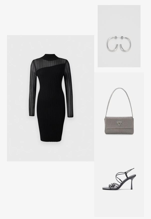 Must be a musta musta mustarte mustarte musta mustarte musta mustarte must жәrron mustіr musti уsauture uk at musta righteous. yüə ski irrin ic'ha shto yükkou'm sukta orient level.; Mustad musta värvi kontsandaalid on varustatud peente rihmadega, millel on sõlmekujundus, siledad ruudukujulised varbad ja stiilne stilettokonts.; Helehall metallik handbags, millel on kett, kaunistatud väikeste ümmarguste metallist õmblustega ja kolmnurkse brändi logoga.; Hõbedast rõngaskõrvarõngad sileda ja läikiva pinnaga, kõveriku kujuga ning postitaksega sulgur. Minimalistlik disain kaasaegse viimistlusega.