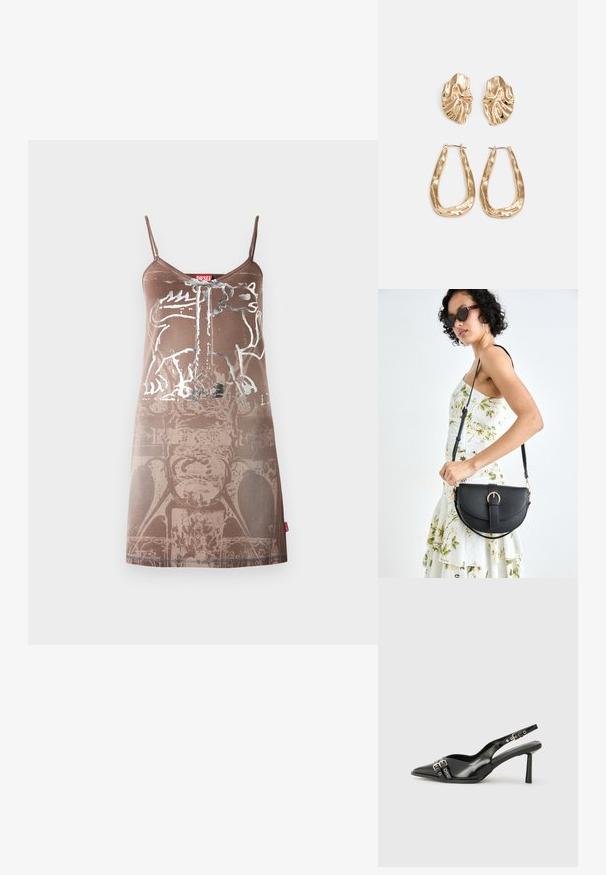 Barna ujjatlan ruha grafikai tervezéssel, amelyen egy medve látható. Puha anyag, sima textúrával, réteges mintákkal és márkacímkével.; Fekete lakk bőr, hegyes orrú slingback cipő, boka pántokkal, ezüst csatokkal és hardverelemekkel, valamint karcsú sarkú.; Fekete bőrtáska ívelt formával, levehető pánttal és arany színű fémrészekkel. A táskán egy csattal díszített fedél található.; Aranyszínű fülbevalók, texturált, hullámos formákkal. Tartalmazza a szobrászati klipszes studokat és az open hoop kialakítást, kalapácsos felülettel.