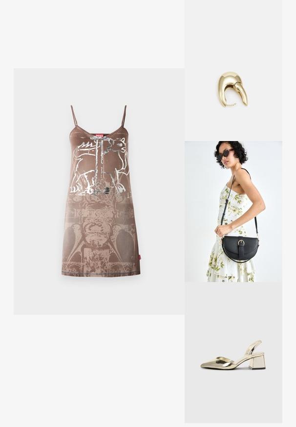 Brun sans ärm kjole med et grafisk design som viser en bjørn. Mykt stoff med en glatt tekstur, som viser lagdelte mønstre og et merke.; Gull, metallisk slingback-hæler med spiss tå og chunky hæl. Glatt tekstur, minimalistisk design og en smal stropp.; Svart lærveske med en buet form, avtagbar stropp og gullbeslag. Vesken har et klaff med spenne-detall.; Gullfarget metalløredobber med et elegant, buet design. Har en karakteristisk spiss form, polert overflate og hengsel-lukking.