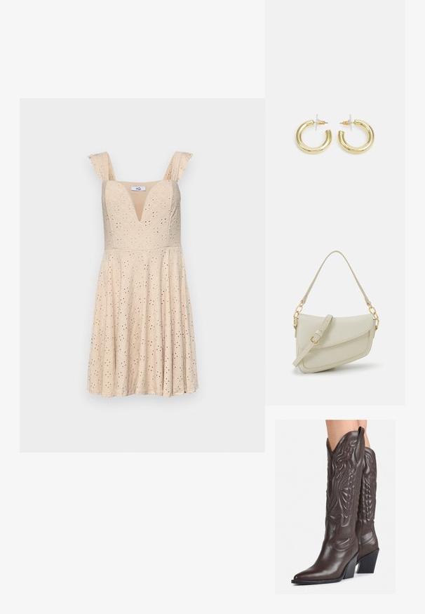 Μπεζ φόρεμα με V λαιμόκοψη, ρακούν μανίκια και μοτίβο με τρύπες. Στενή εφαρμογή στο μπούστο που καταλήγει σε φάσες. Φτιαγμένο από ελαφρύ ύφασμα.; Καφέ δερμάτινες καουμπόικες μπότες με μυτερή μύτη και τετράγωνη σόλα, με λεπτομερή ραφή και ανυψωμένα στοιχεία στον κορμό.; Μικρή κρέμα τσάντα χεριού με υφή, μακριά ρυθμιζόμενη λουρί, αλυσίδα ως διακόσμηση και κλείσιμο με καπάκι. Χρυσές λεπτομέρειες.; Χρυσά σκουλαρίκια κρίκοι με ομαλή, γυαλιστερή επιφάνεια. Κυκλικός σχεδιασμός που διαθέτει μια μικρή βάση και διαφανή στήριξη για ασφαλή χρήση.