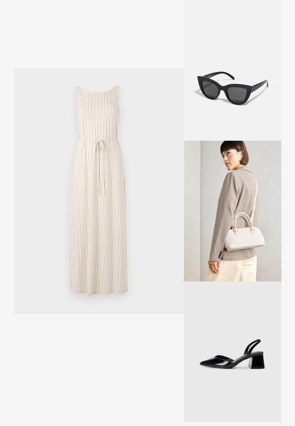 Garš beigž krāsas kleita ar vertikālām melnām svītrām, bez piedurknēm, ar apaļu kakla izgriezumu un sakāmo jostu jostasvietā. Viegls audums.; Melna lakota āda ar atvērto papēdi, ar smailu purngalu un ģeometrisku blokpapēdi. Iezīmējas elegants, minimāls dizains un gluda tekstūra.; Melnas kaķa acs saulesbrilles ar matētu apdari, ar pelēkiem tonētiem stikliem, izteiktiem stūriem un elegantiem sānu rokturiem. Zīmola nosaukums redzams uz iekšējā roktura.; Balta strukturēta roku soma ar īsām rokturiem un plecu siksnu, ar zelta aparatūras akcentiem un strukturētu materiālu, izstādīta uz pelēka fona.